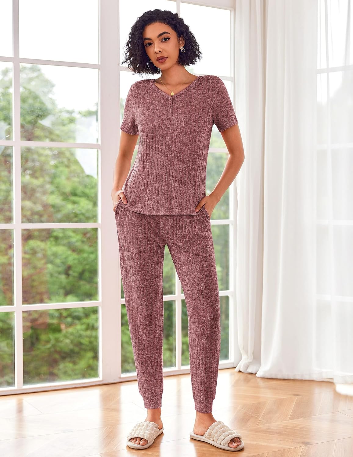 Rib Knit Lounge Set Jogger Pants 2 Piece Outfits Set