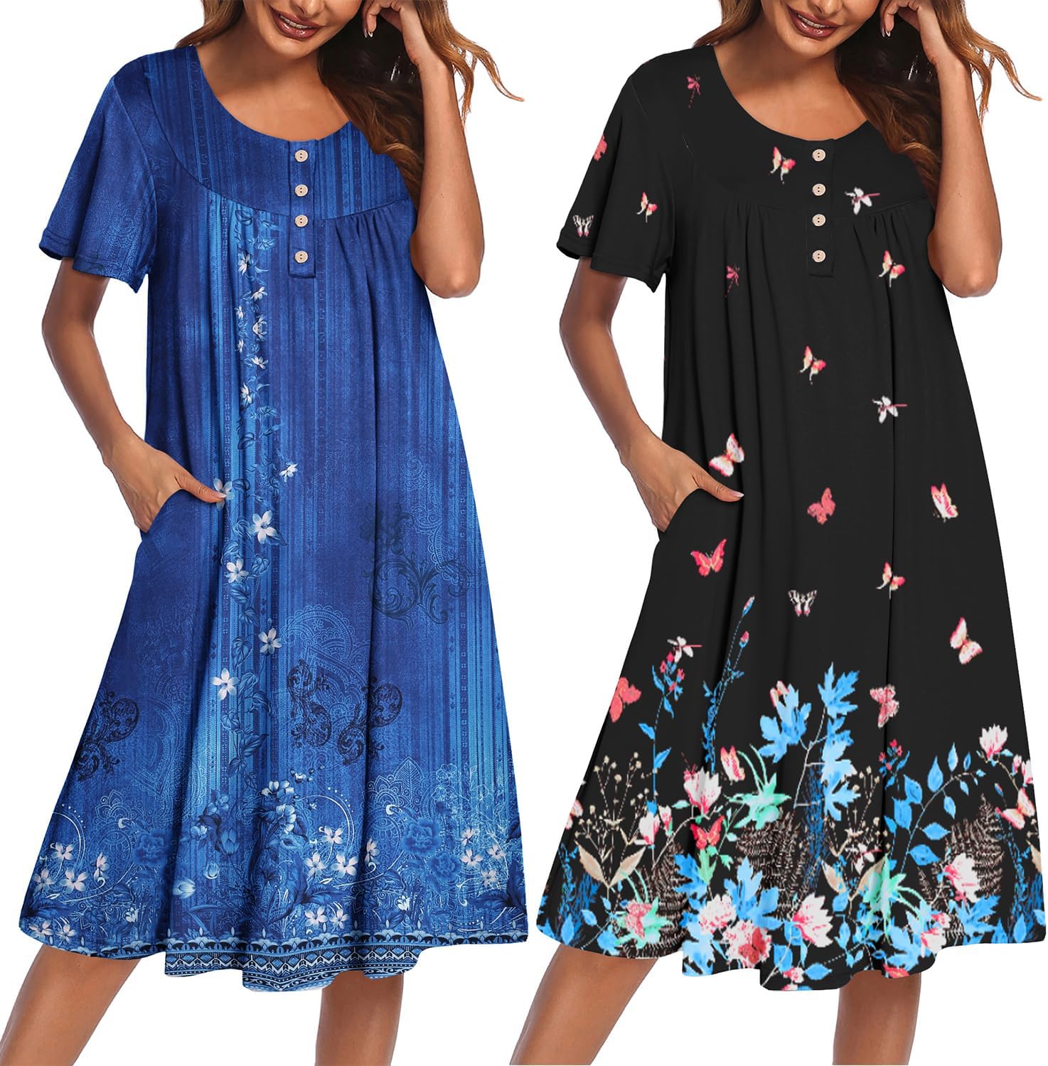 2-pack plus size mumu nightgown, blue print and black butterfly pattern, button front