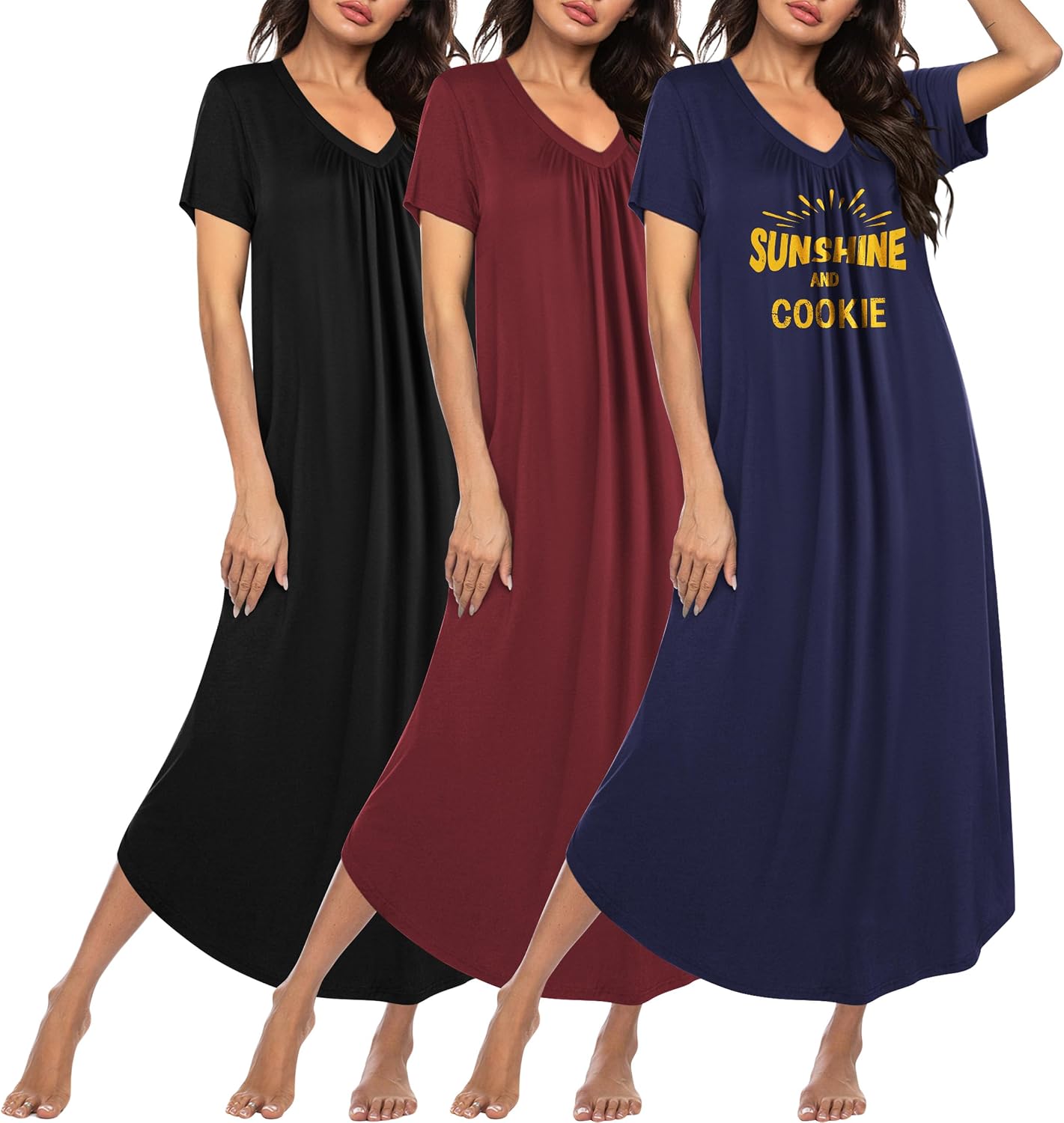 Plus size long nightgown set of three: black, burgundy, and navy “Sunshine Cookie” print.