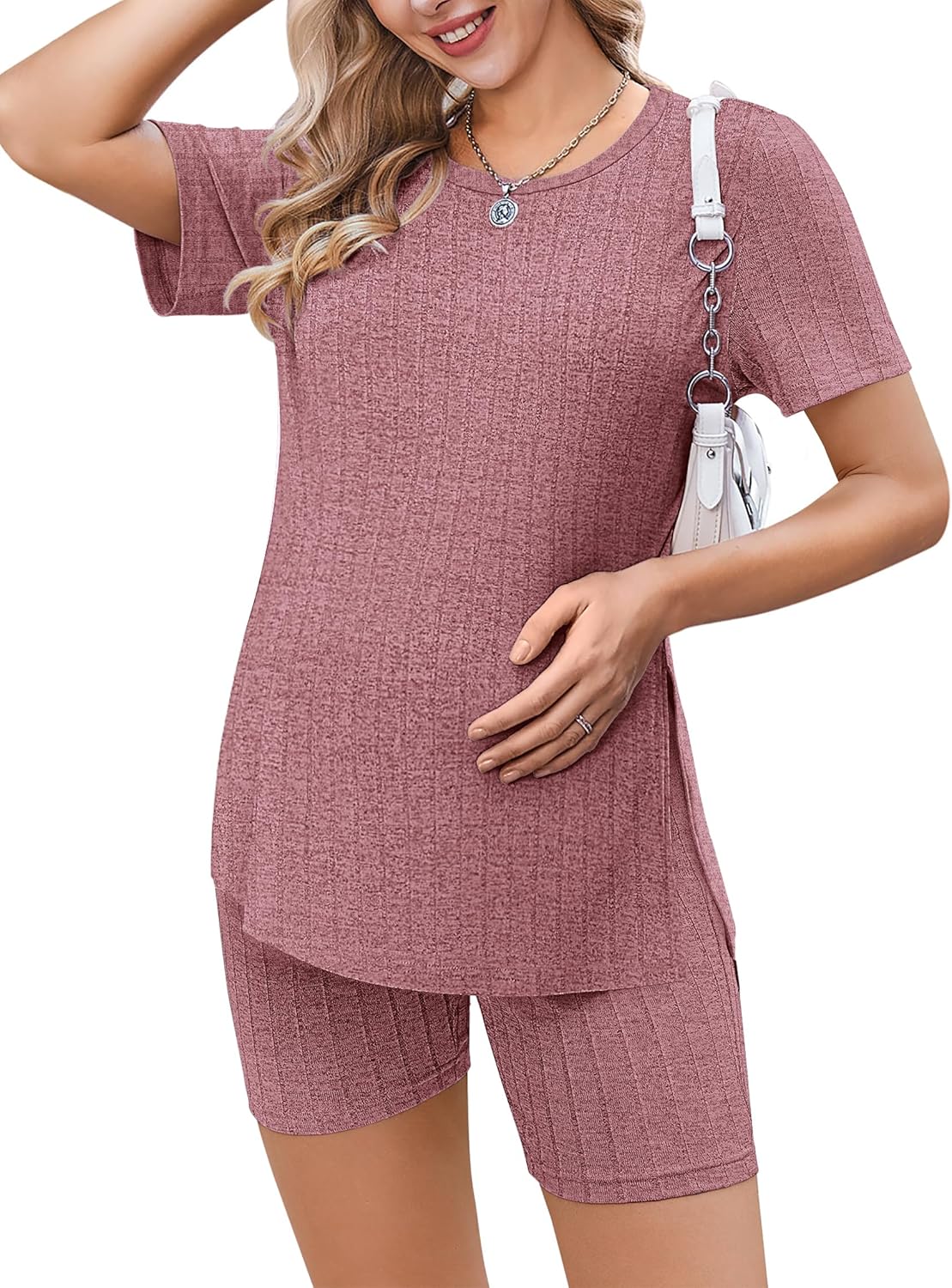 Ekouaer Maternity Sets 2 Piece Outfits Ribbed Knit Shirts and Shorts
