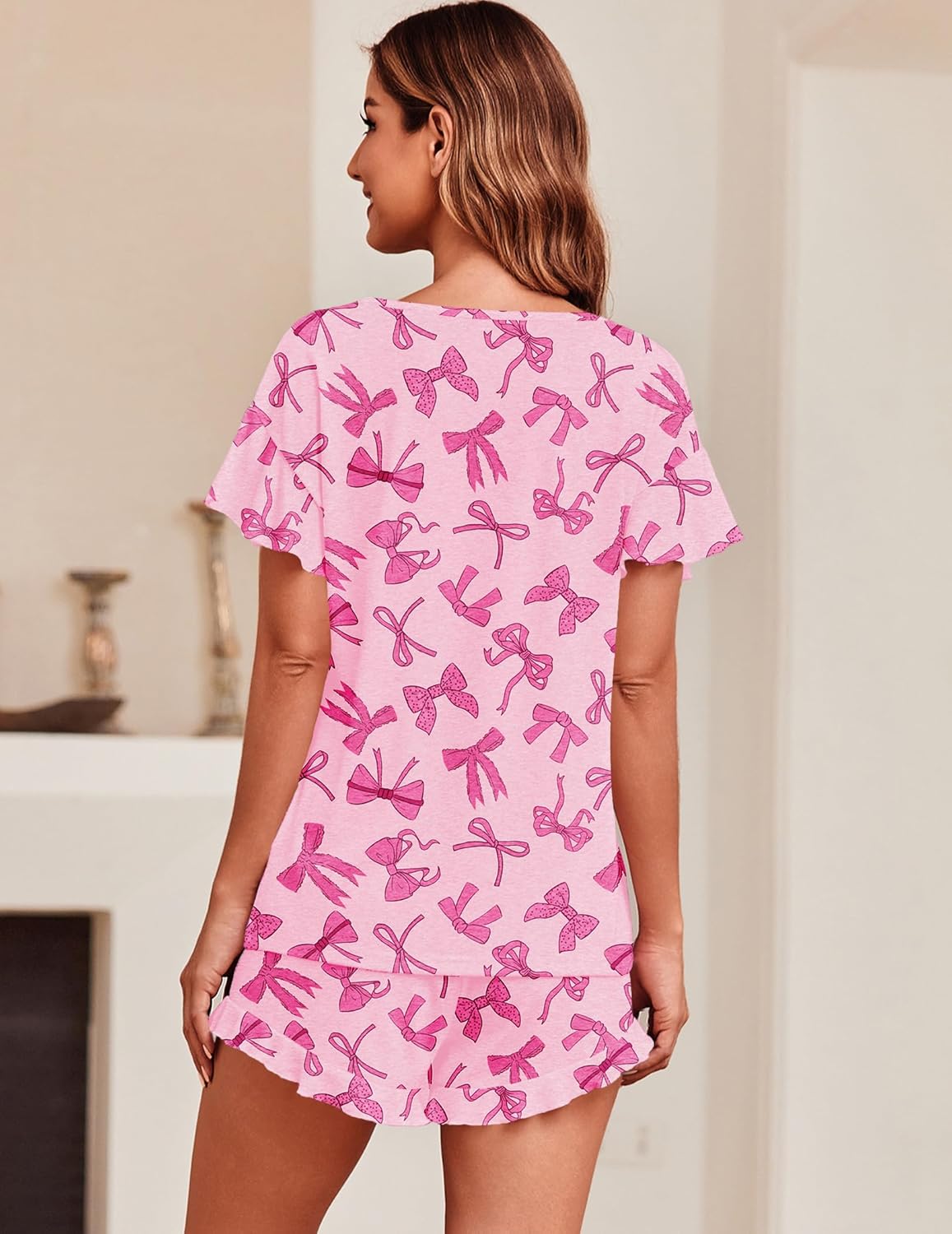 Ekouaer Teddy Ruffle Sleeves Top and Short Soft 2 Piece Set