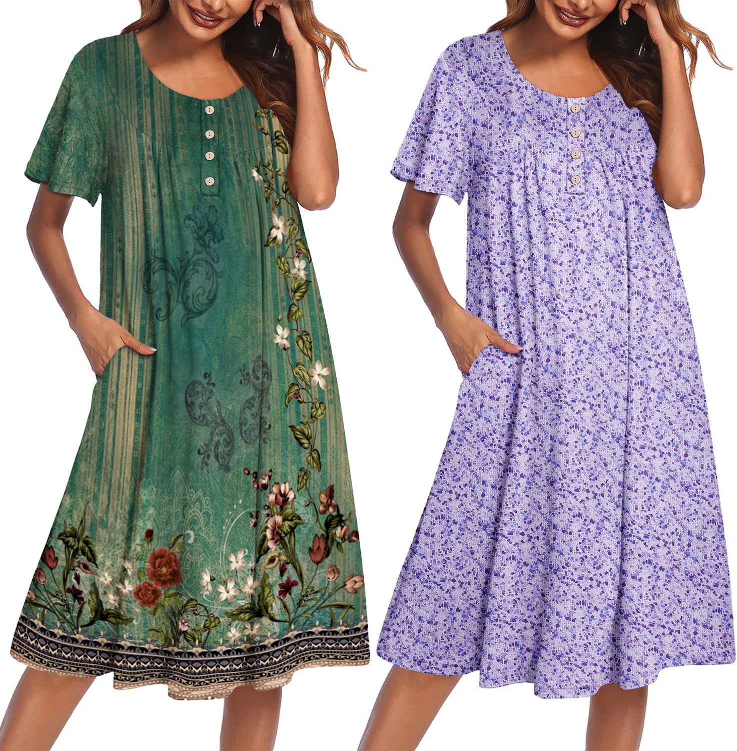 2-pack plus size mumu nightgowns: green floral print and lavender small-floral, buttons