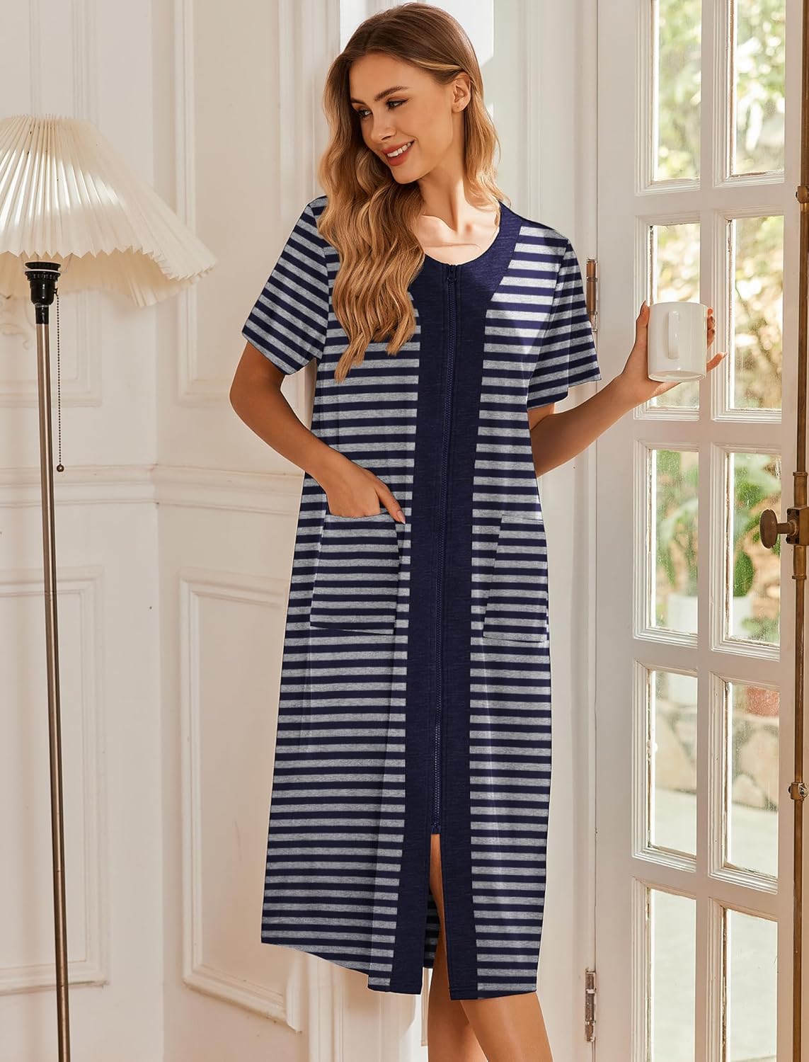 Zipper Front Bathrobe Short Sleeve House Long Nightgown
