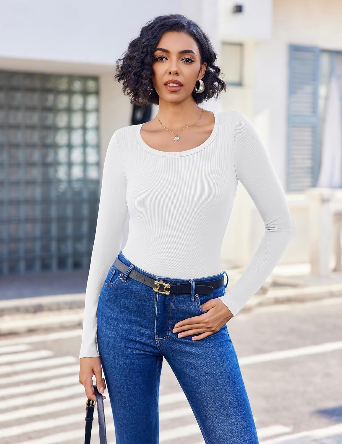 Ekouaer Long Sleeve Shirts Ribbed Scoop Neck Tops