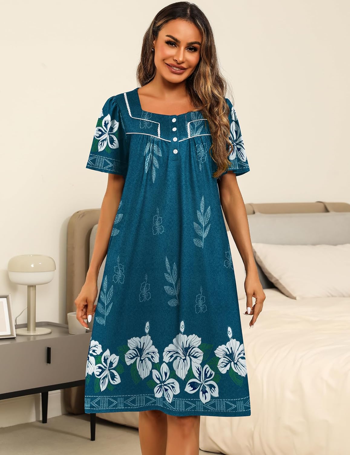 Ekouaer Women's House Dress with Pockets Moomoo Dresses Short Sleeve Mumu Nightgown Lounge Dress Button Down Sleepwear Blue with Flower / XL Ekouaer Women's House Dress with Pockets Moomoo Dresses Short Sleeve Mumu Nightgown Lounge Dress Button Down Sleepwear Blue with Flower / XL