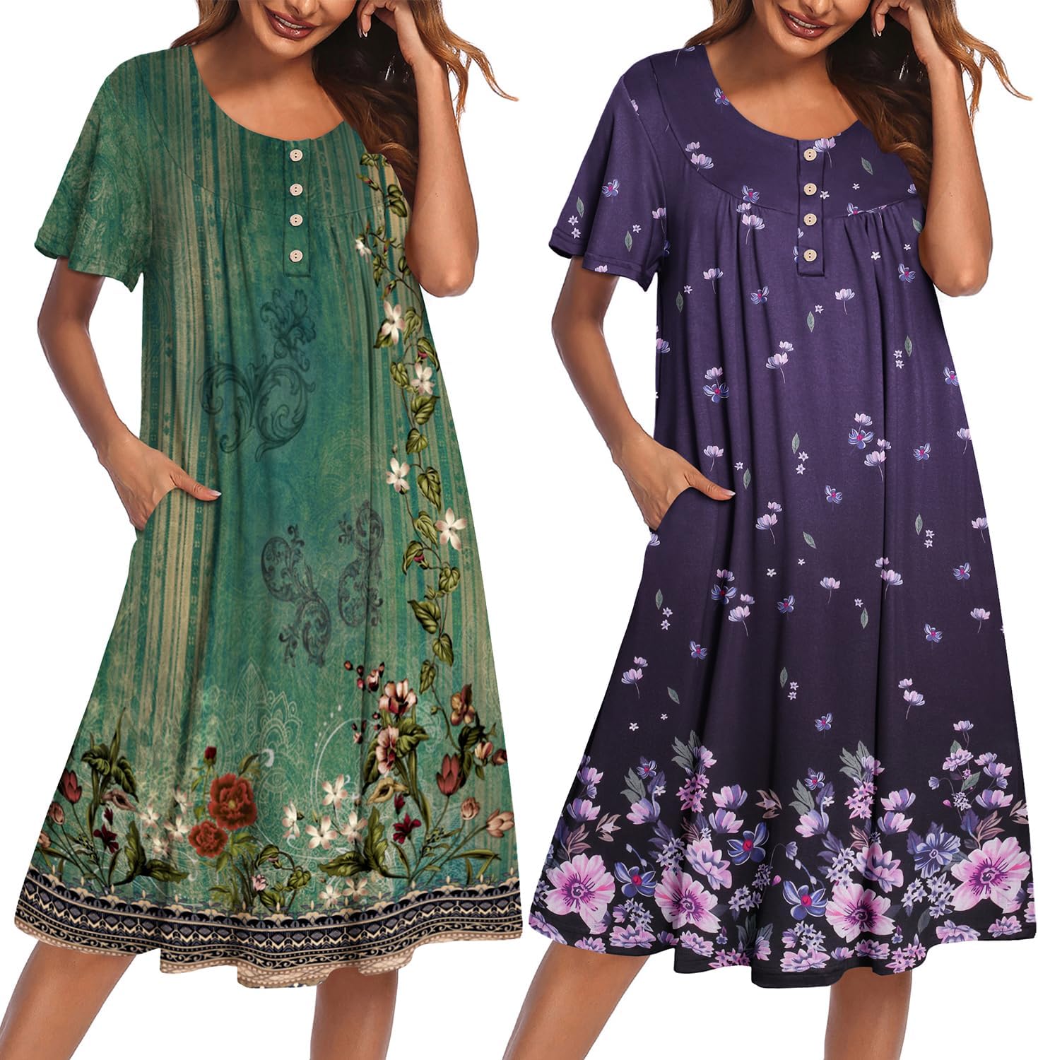 2-pack plus size mumu nightgown, green botanical print and purple floral button front