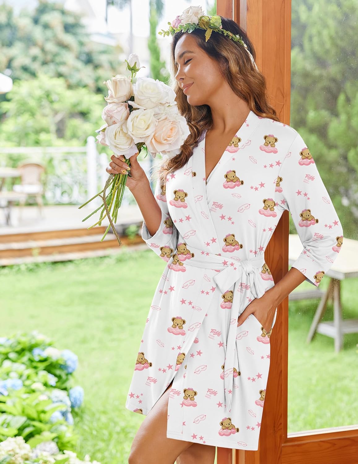 3/4 Sleeve Knit Bathrobe Soft Knee Length Robes