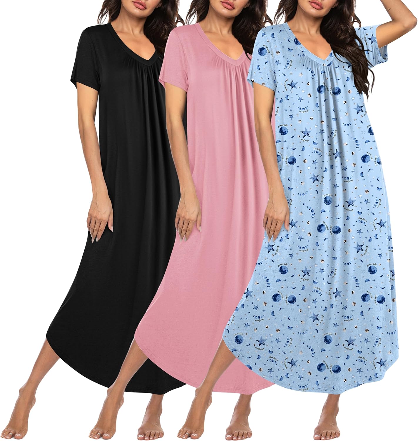 Plus size long nightgown set of three: black, blush pink, and light blue space print.
