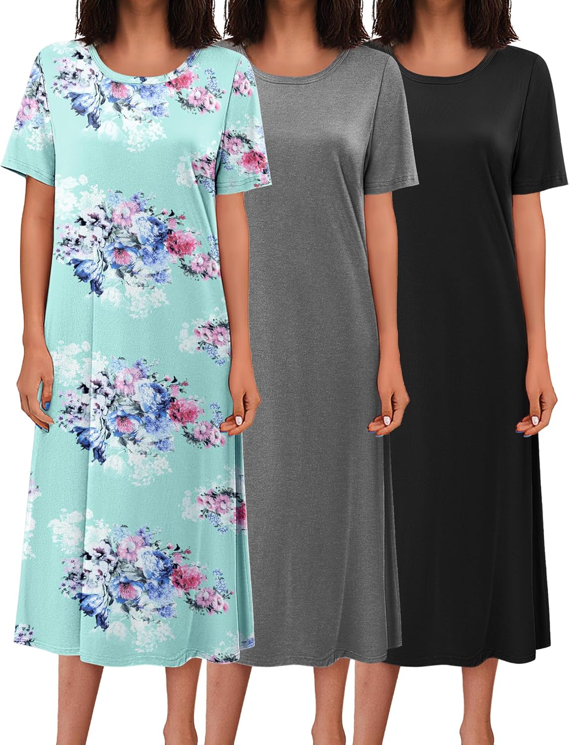 Ekouaer 3 Pack Long Nightgowns Soft Plus Size Dress