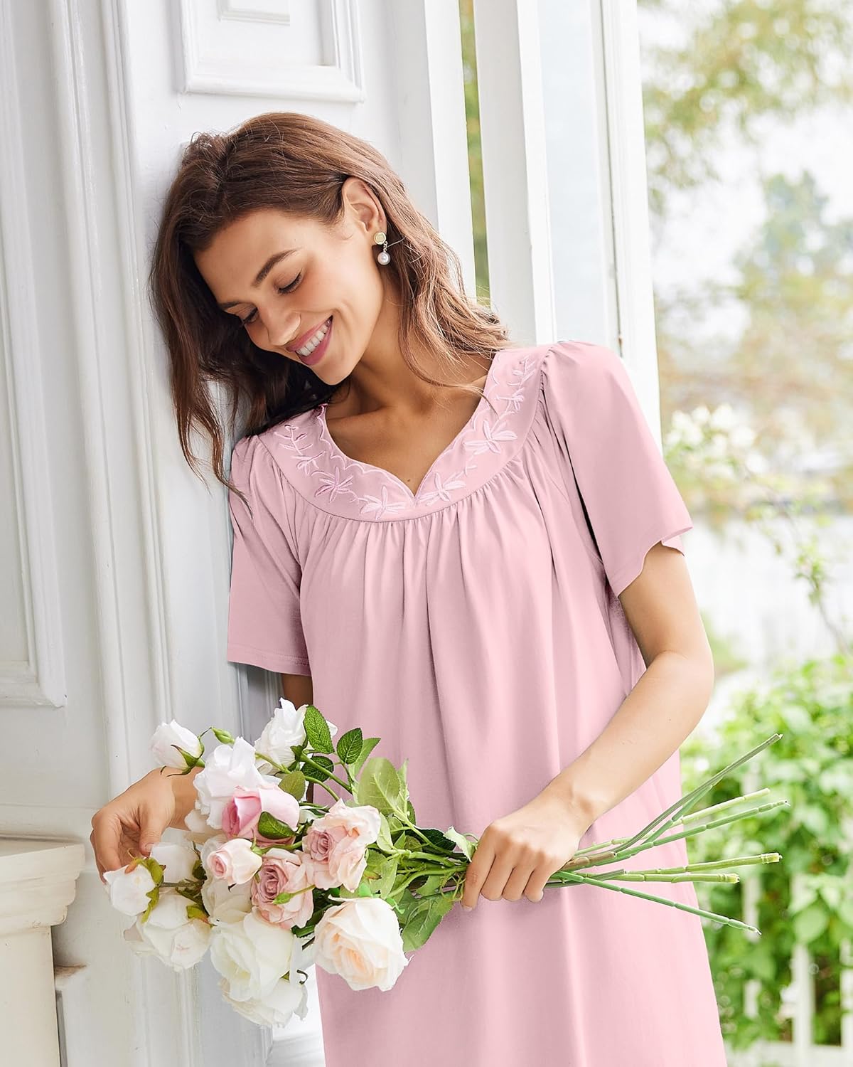 Ekouaer Cotton Nightgown Embroidered Lounge Dress with Pockets