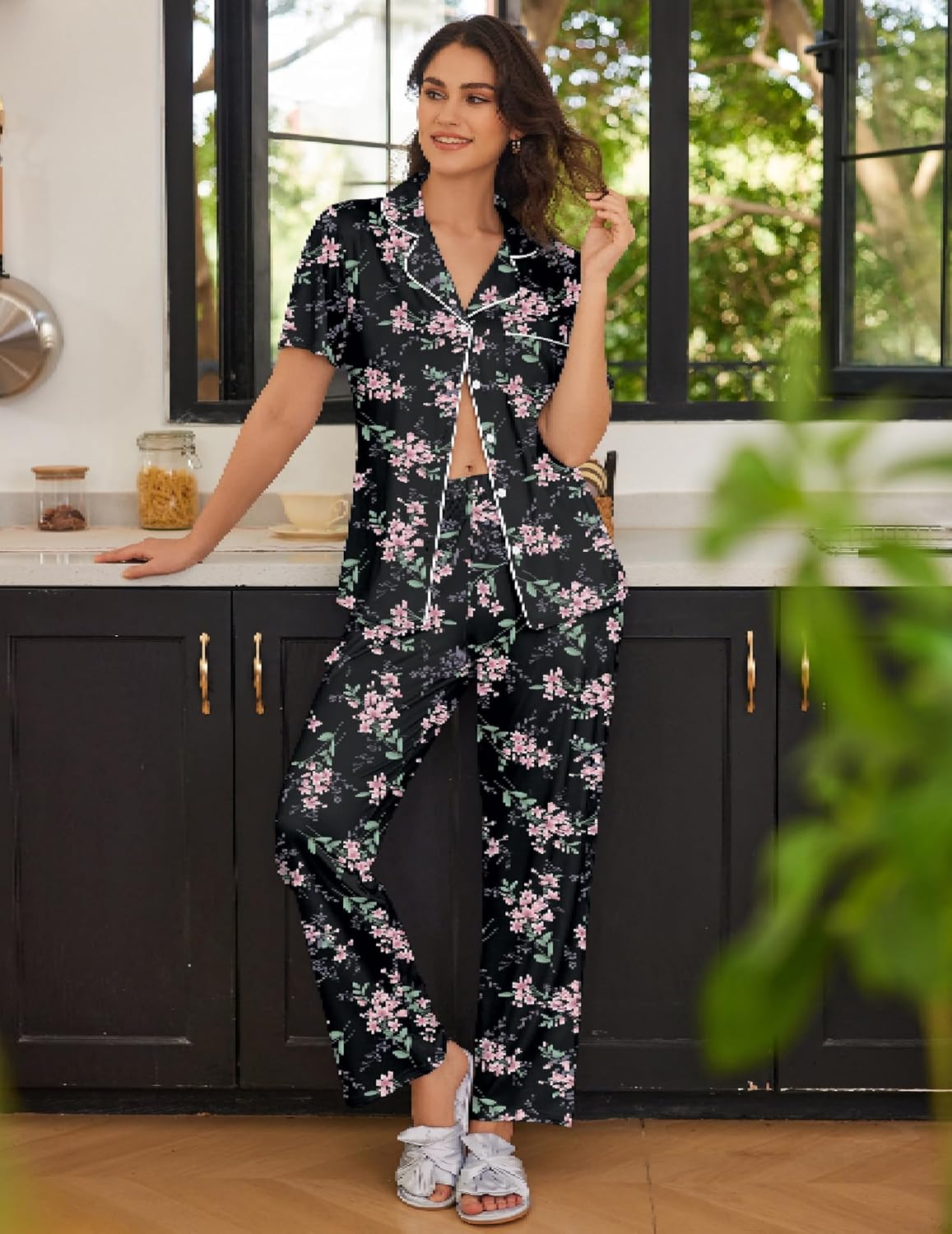 Ekouaer 2 Pack Pajamas Button Up Loungewear Cozy Sets