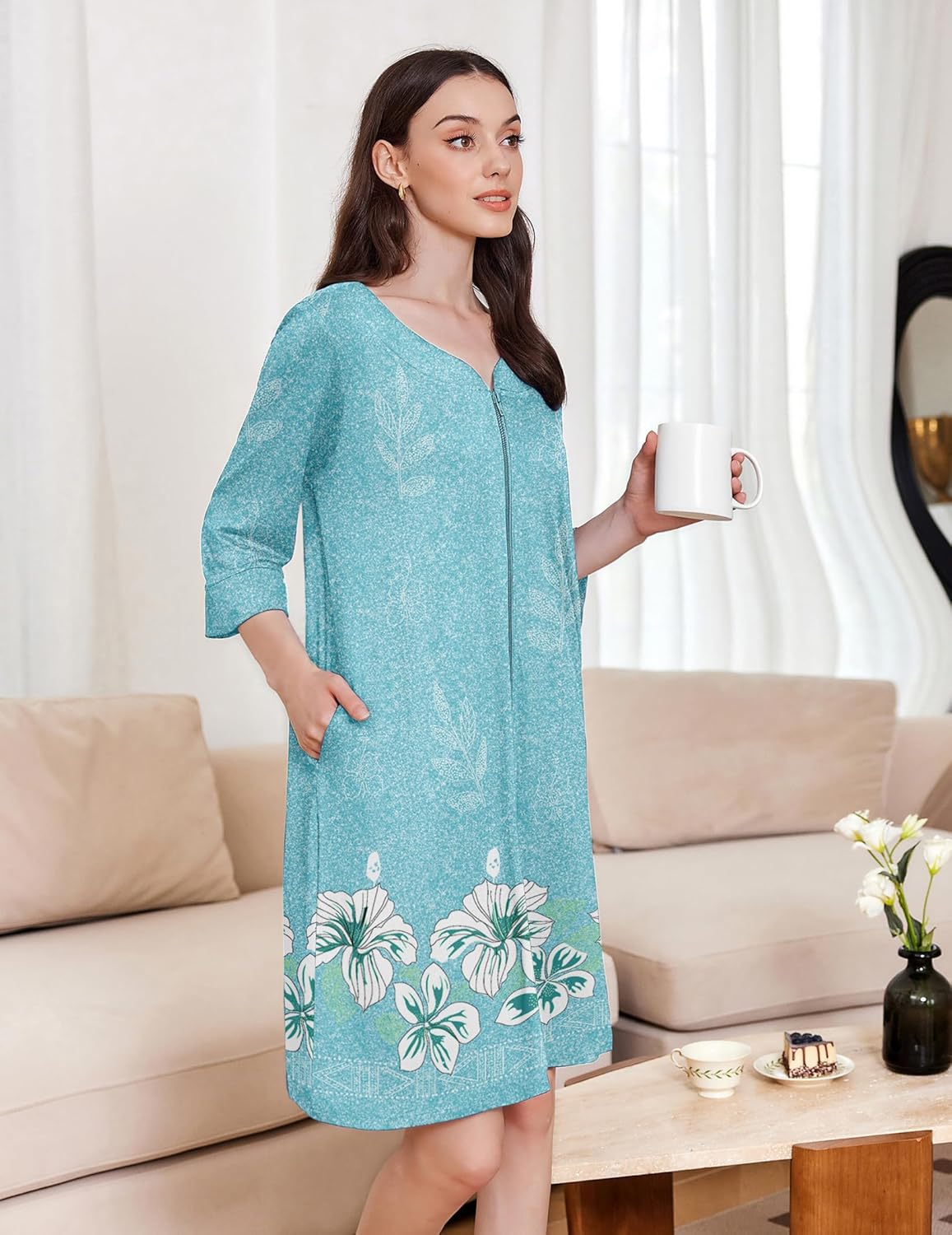 Zipper Robes 3/4 Sleeves Soft Nightgowns