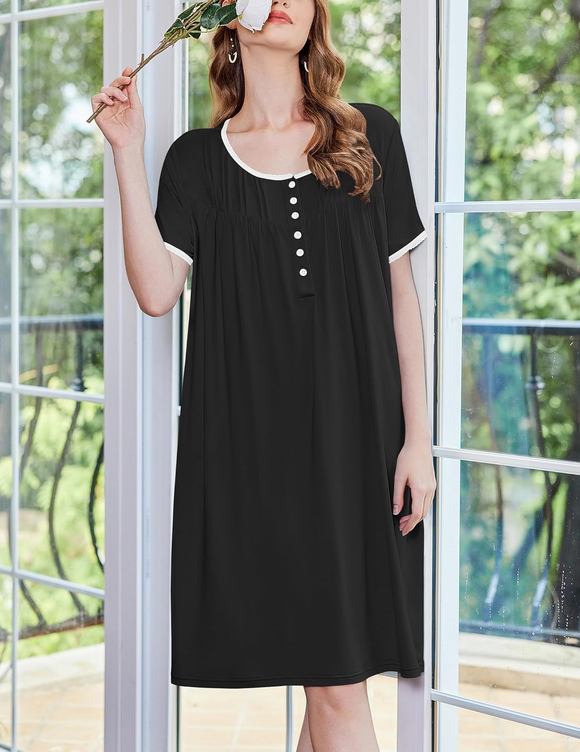 Ekouaer Womens House Dress Moomoo Nightgown with Pockets Short Sleeve Mumu Nightgown Button Down Sleepwear Black / S Ekouaer Womens House Dress Moomoo Nightgown with Pockets Short Sleeve Mumu Nightgown Button Down Sleepwear Black / S