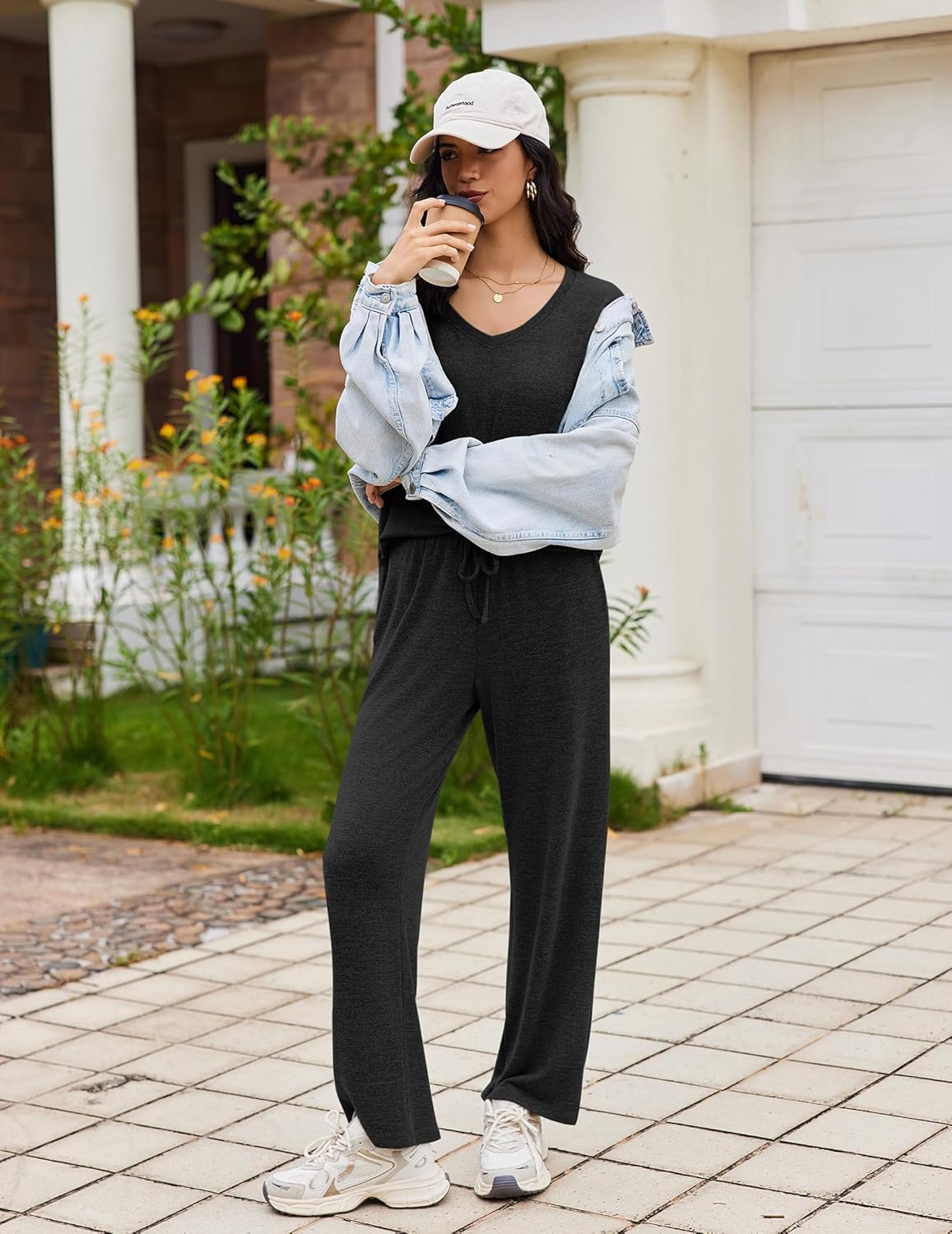 2 Piece Lounge Sets V Neck Matching Pjs Soft Sleepwear