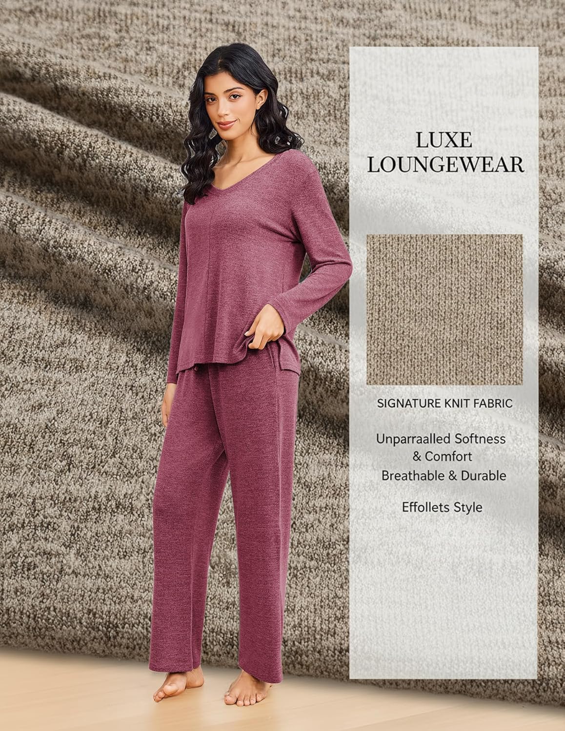2 Piece Lounge Sets V Neck Matching Pjs Soft Sleepwear