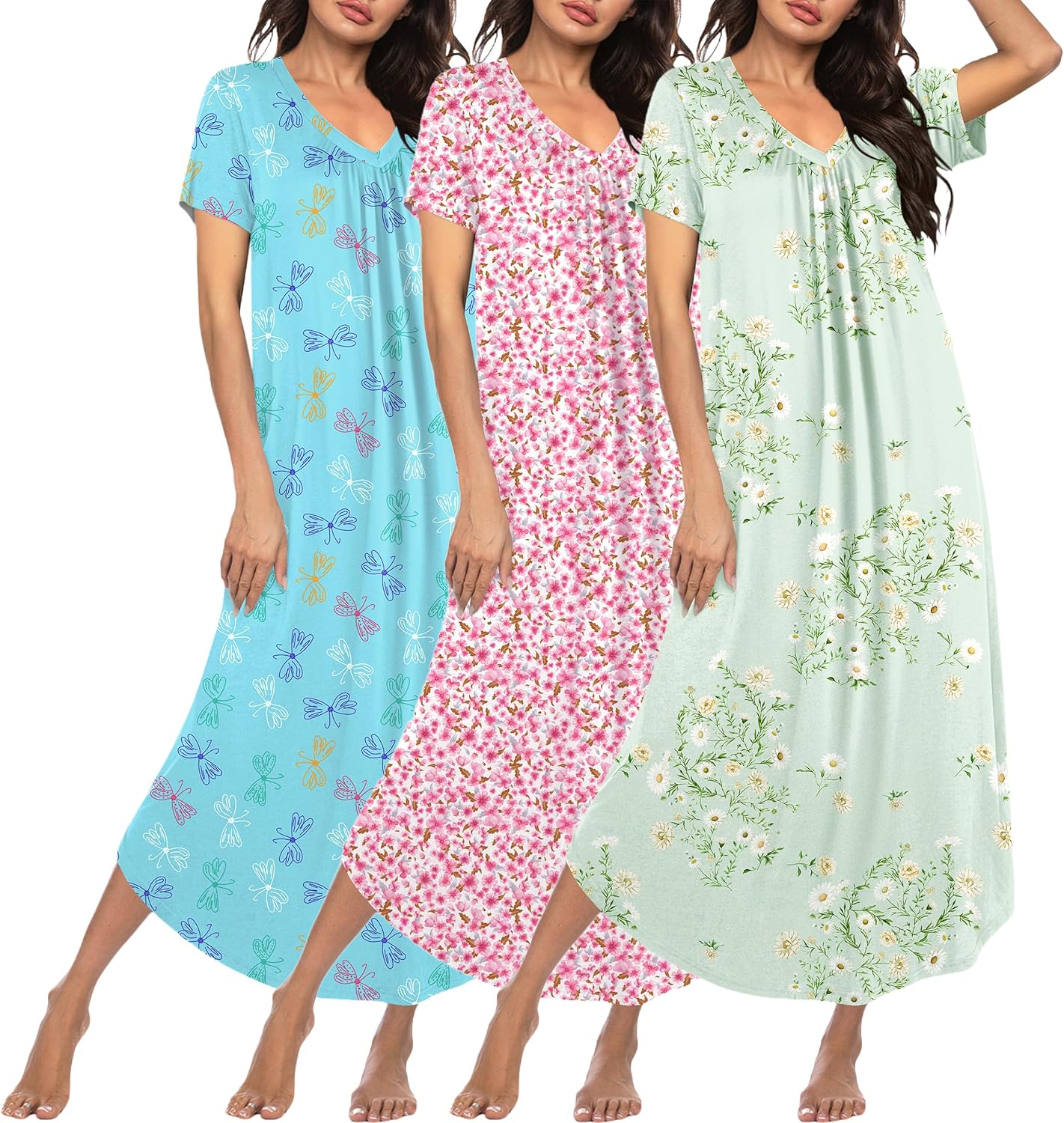 Plus size long nightgown set in light blue, pink floral, and mint green floral house dress