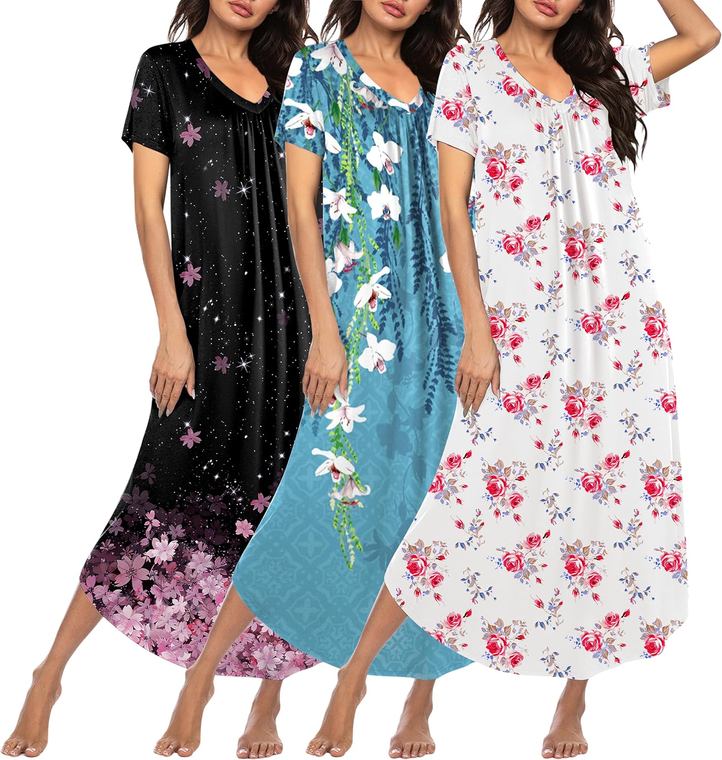 Three-piece plus size long nightgown set: black star, teal floral, white red rose