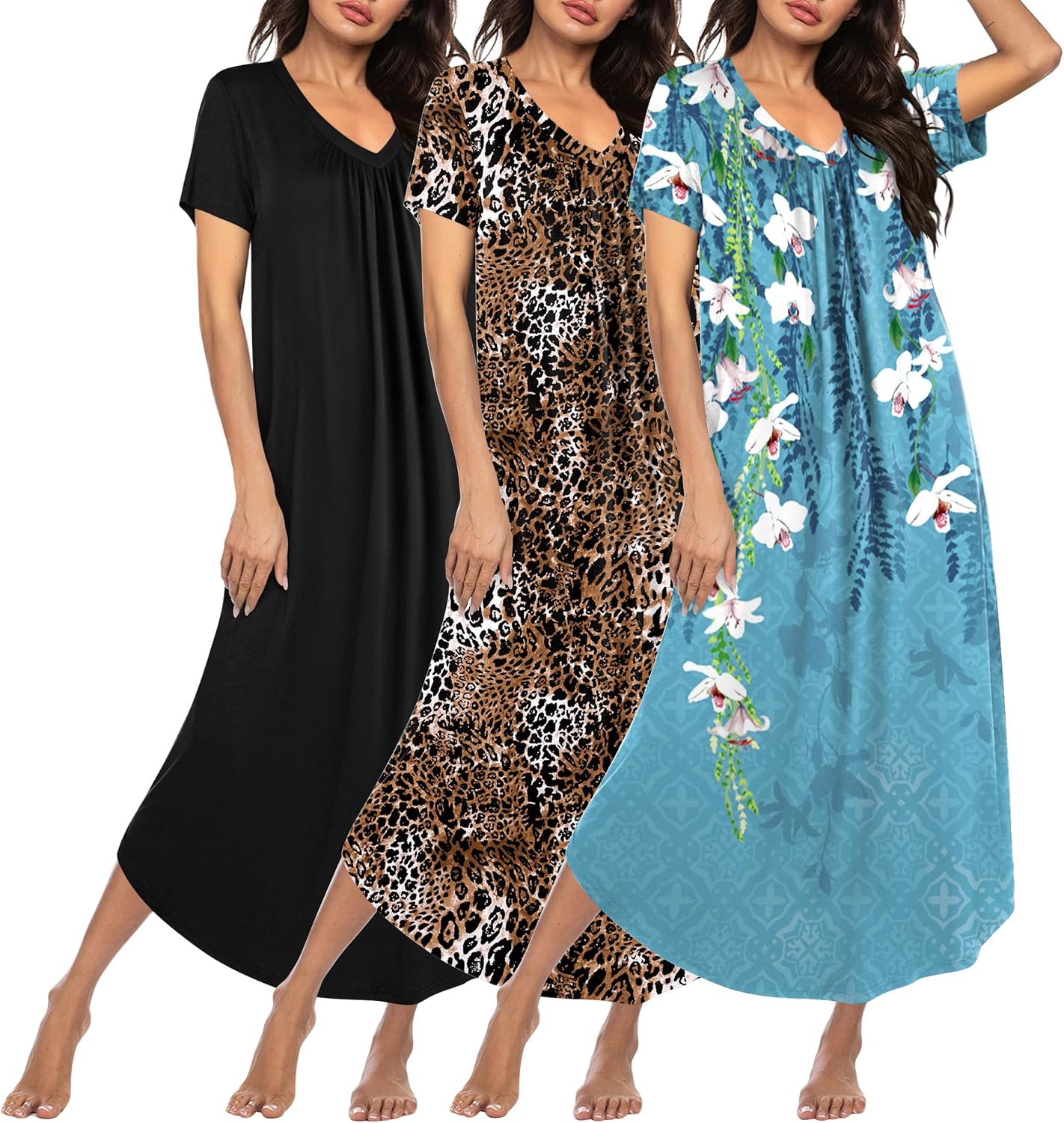 Plus size long nightgown set with black, leopard print, and blue floral print house dress