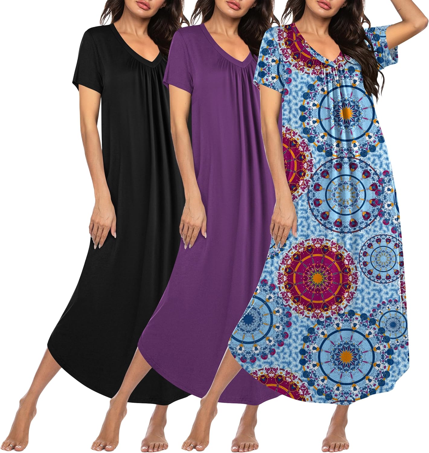 Plus size long nightgown set in black, purple, and blue circular print house dress