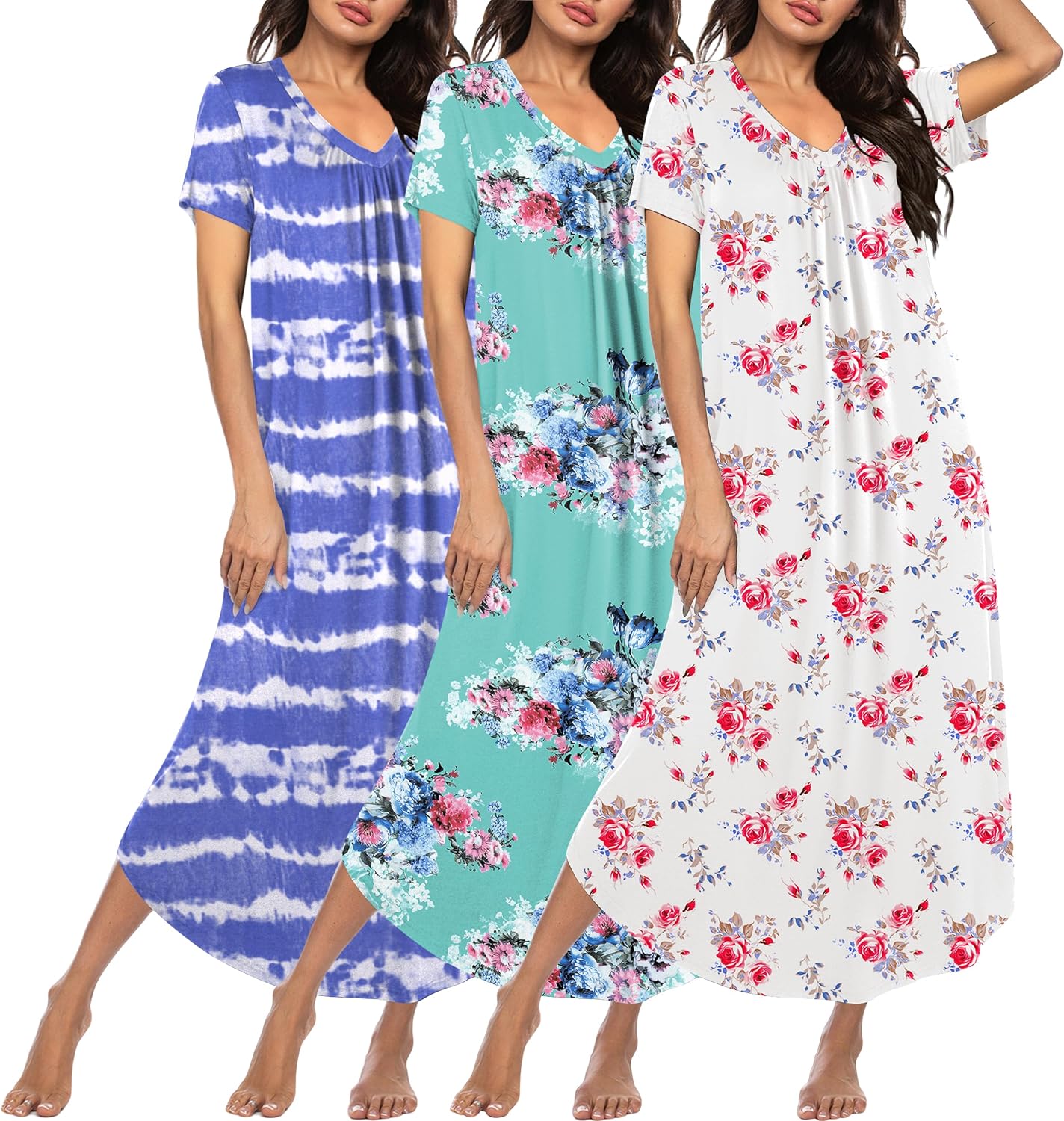 Plus size long nightgown set of three: blue striped, teal floral, and white/red floral.