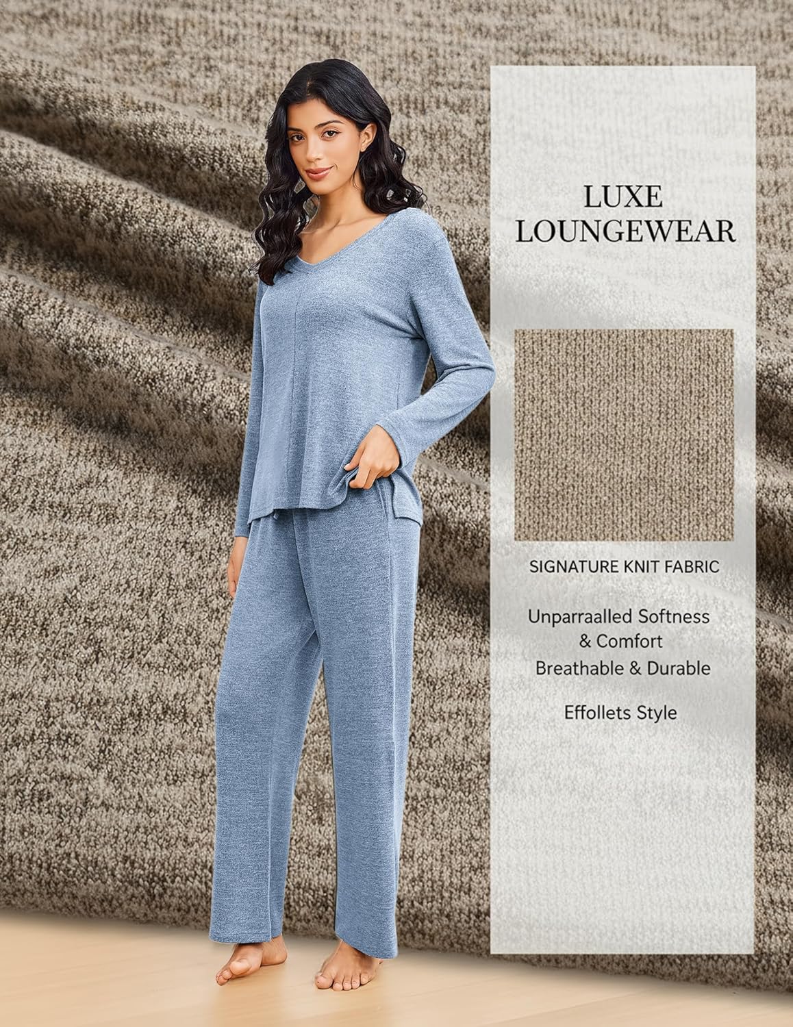 2 Piece Lounge Sets V Neck Matching Pjs Soft Sleepwear