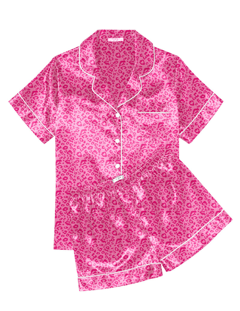 Printed Satin Short Sleeve Notch Collar Button Down Pajama Set