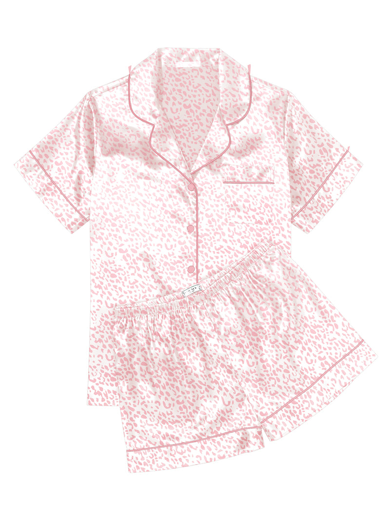 Printed Satin Short Sleeve Notch Collar Button Down Pajama Set