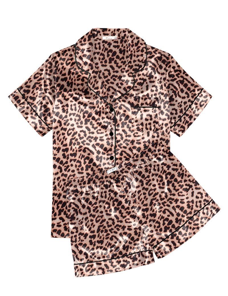 Printed Satin Short Sleeve Notch Collar Button Down Pajama Set