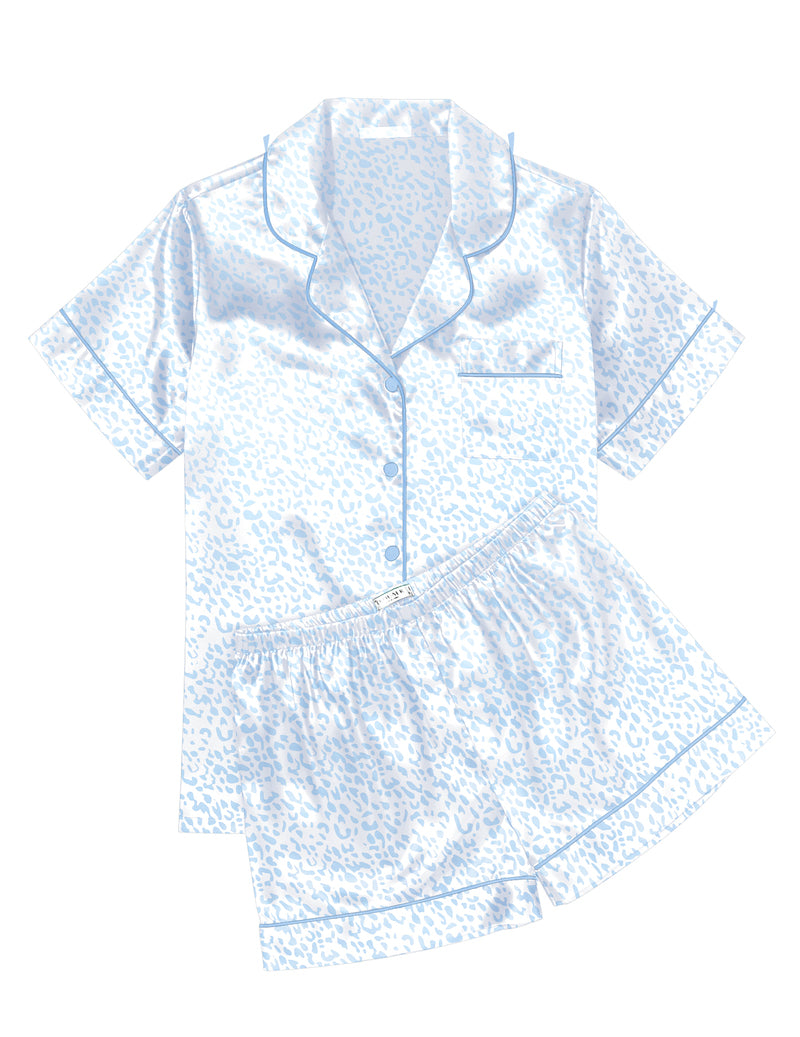 Printed Satin Short Sleeve Notch Collar Button Down Pajama Set