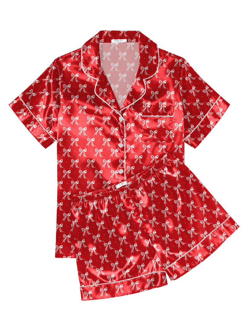 Printed Satin Short Sleeve Notch Collar Button Down Pajama Set