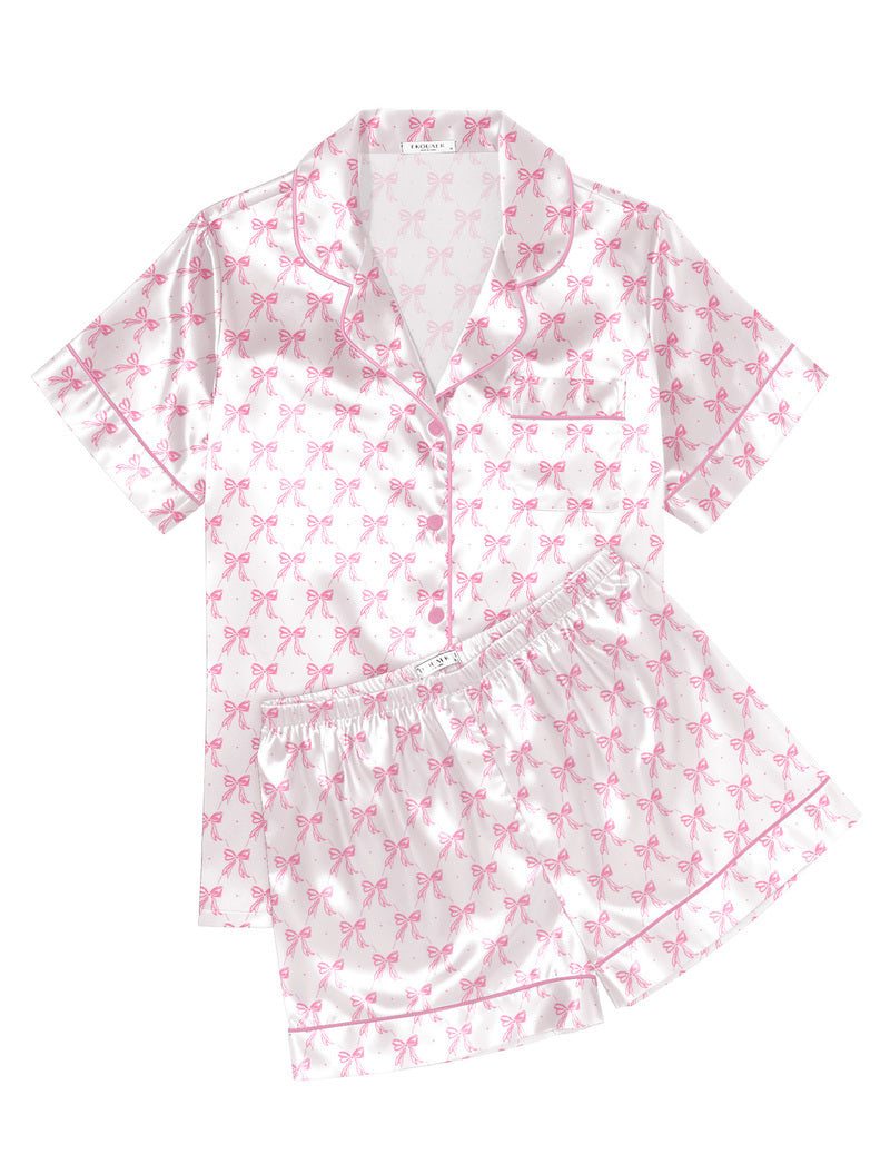 Printed Satin Short Sleeve Notch Collar Button Down Pajama Set