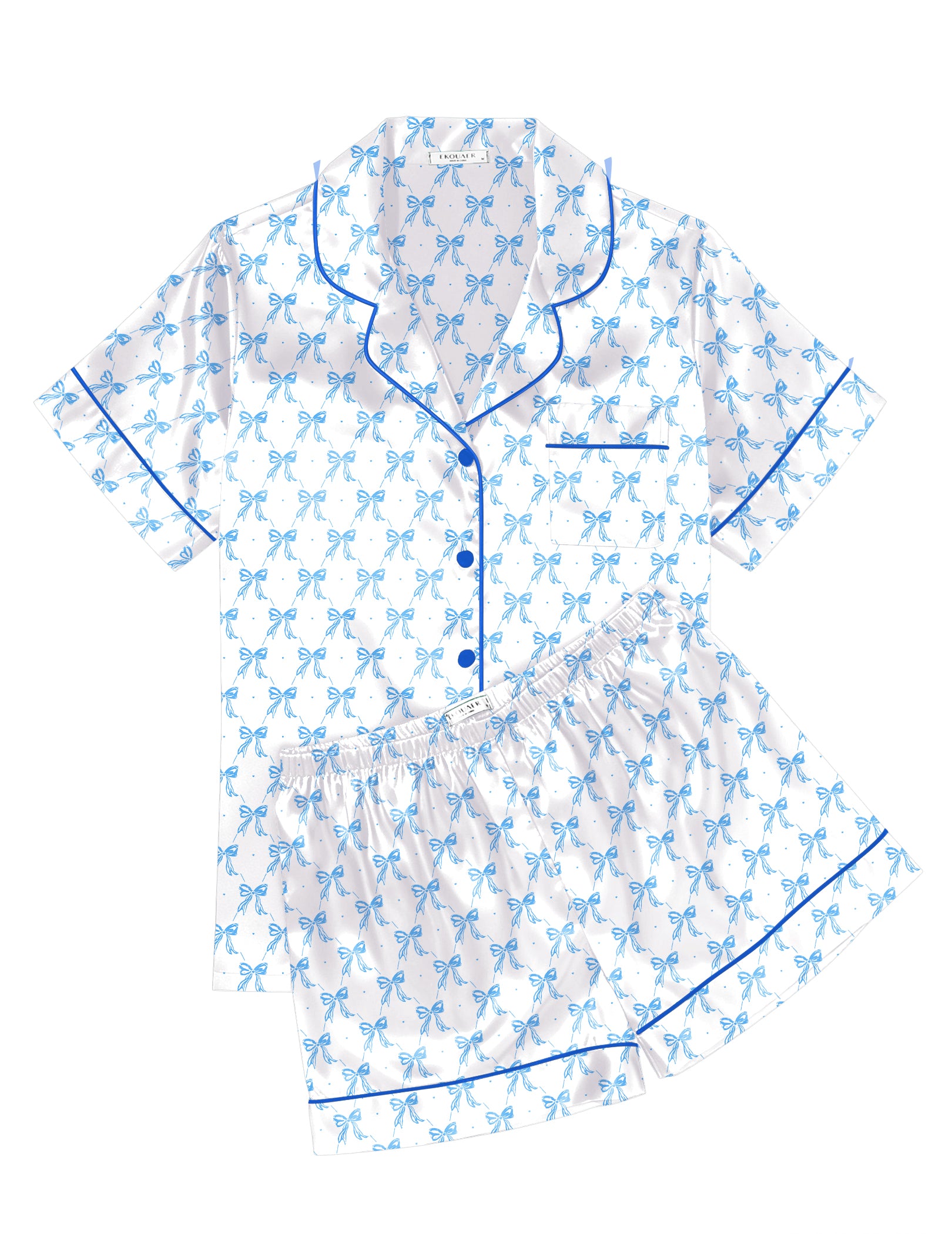 Printed Satin Short Sleeve Notch Collar Button Down Pajama Set