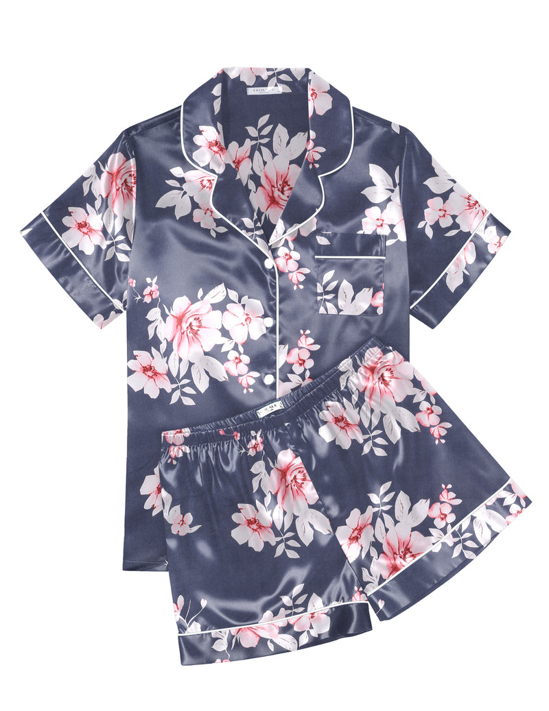 Printed Satin Short Sleeve Notch Collar Button Down Pajama Set