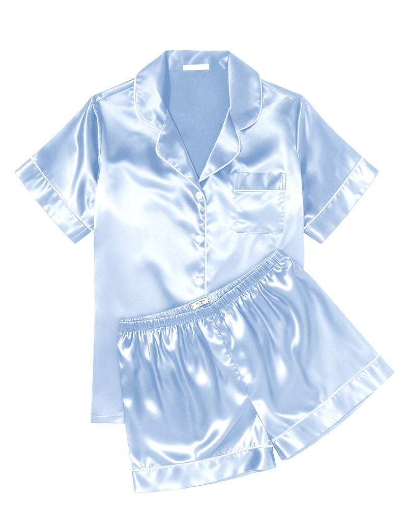 Printed Satin Short Sleeve Notch Collar Button Down Pajama Set