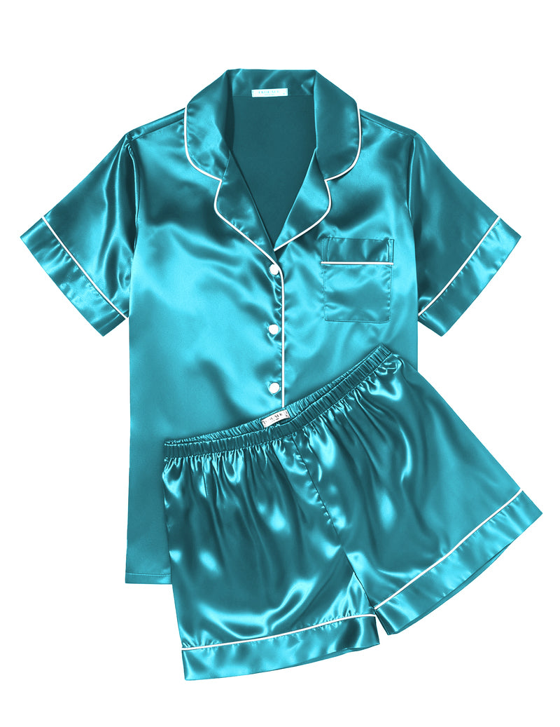 Printed Satin Short Sleeve Notch Collar Button Down Pajama Set