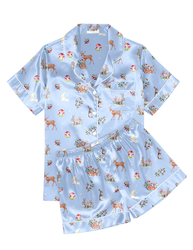 Printed Satin Short Sleeve Notch Collar Button Down Pajama Set