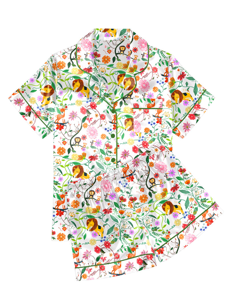 Printed Satin Short Sleeve Notch Collar Button Down Pajama Set