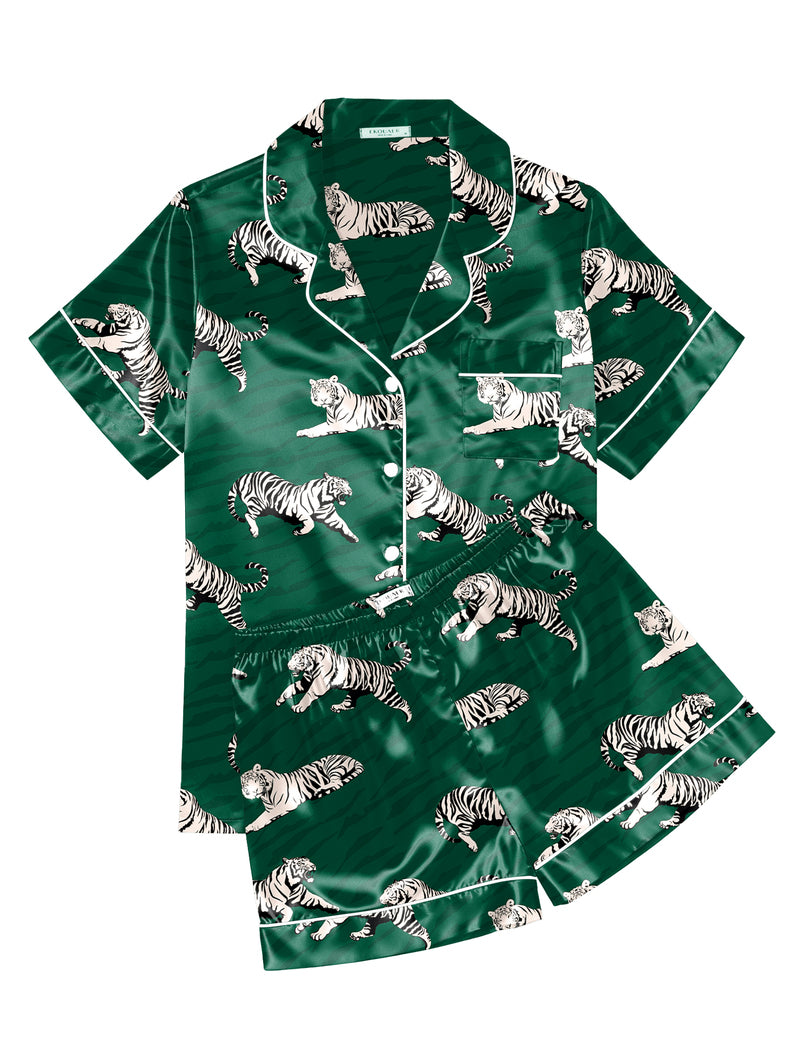 Printed Satin Short Sleeve Notch Collar Button Down Pajama Set