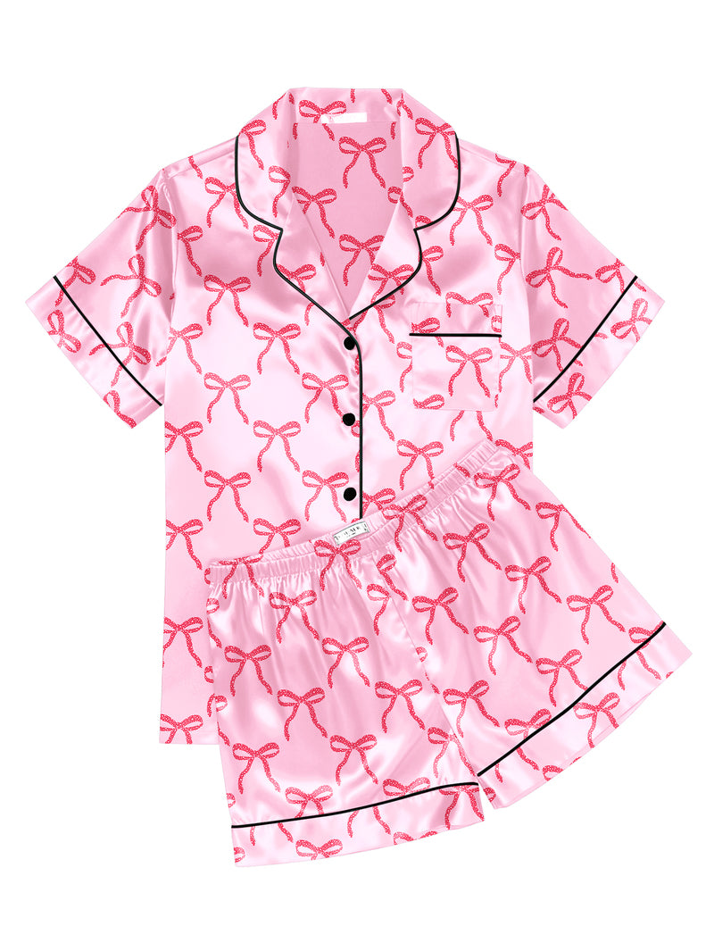 Printed Satin Short Sleeve Notch Collar Button Down Pajama Set