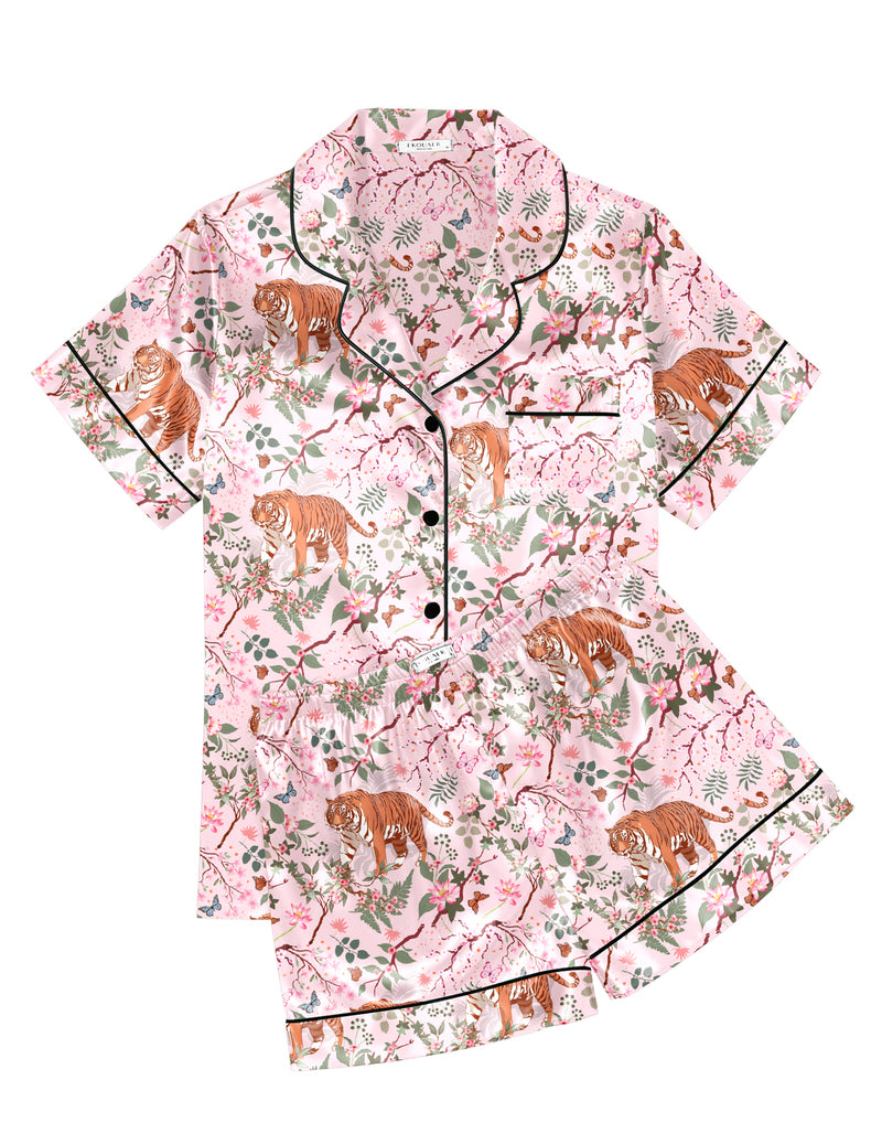Printed Satin Short Sleeve Notch Collar Button Down Pajama Set