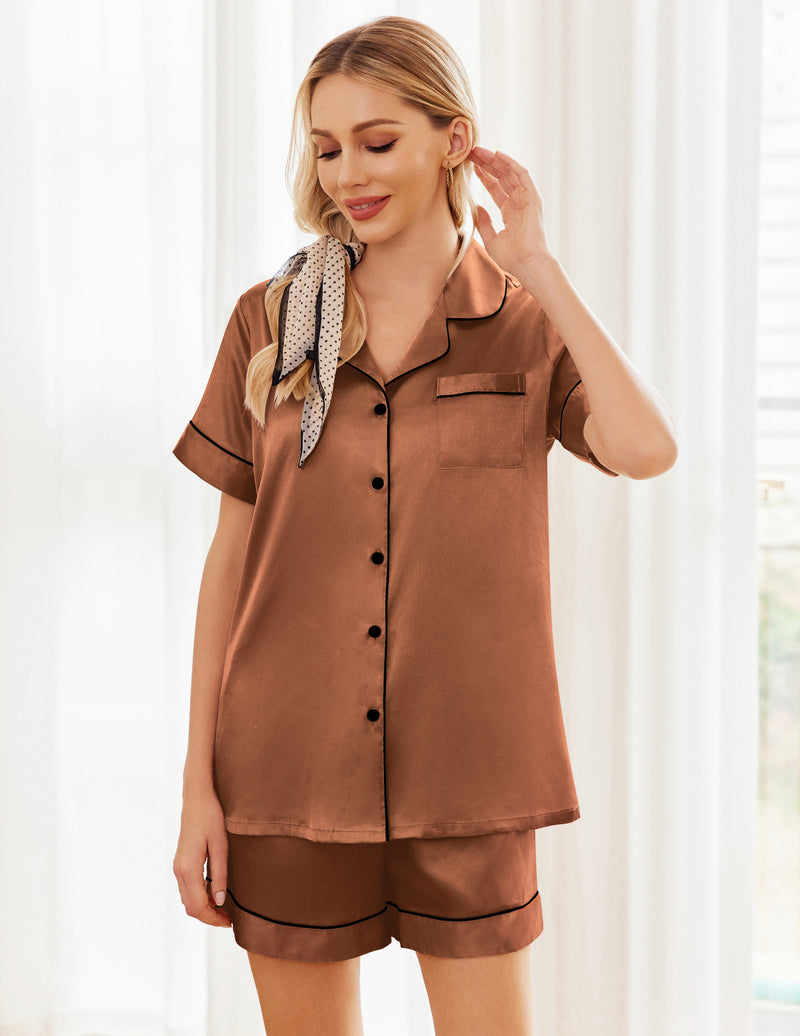 Printed Satin Short Sleeve Notch Collar Button Down Pajama Set