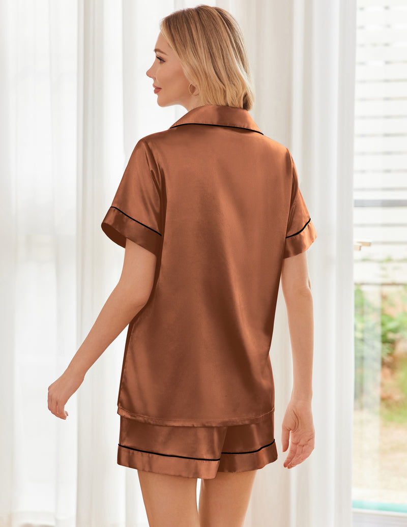 Printed Satin Short Sleeve Notch Collar Button Down Pajama Set