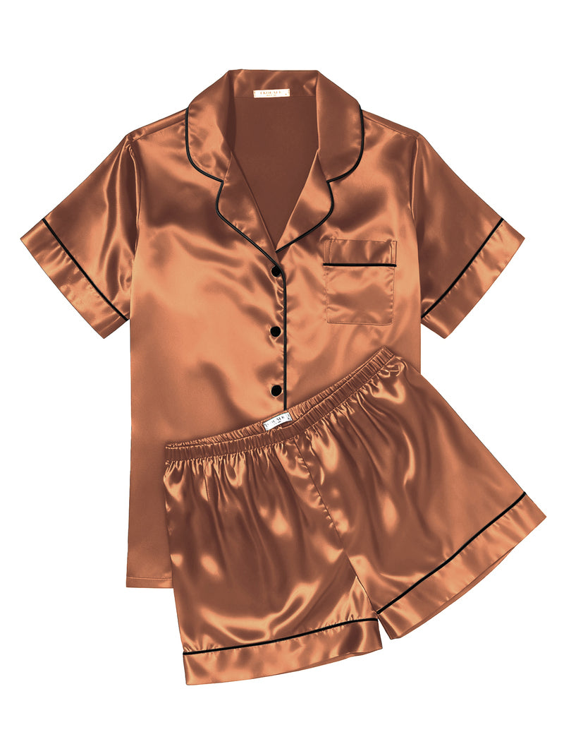 Printed Satin Short Sleeve Notch Collar Button Down Pajama Set
