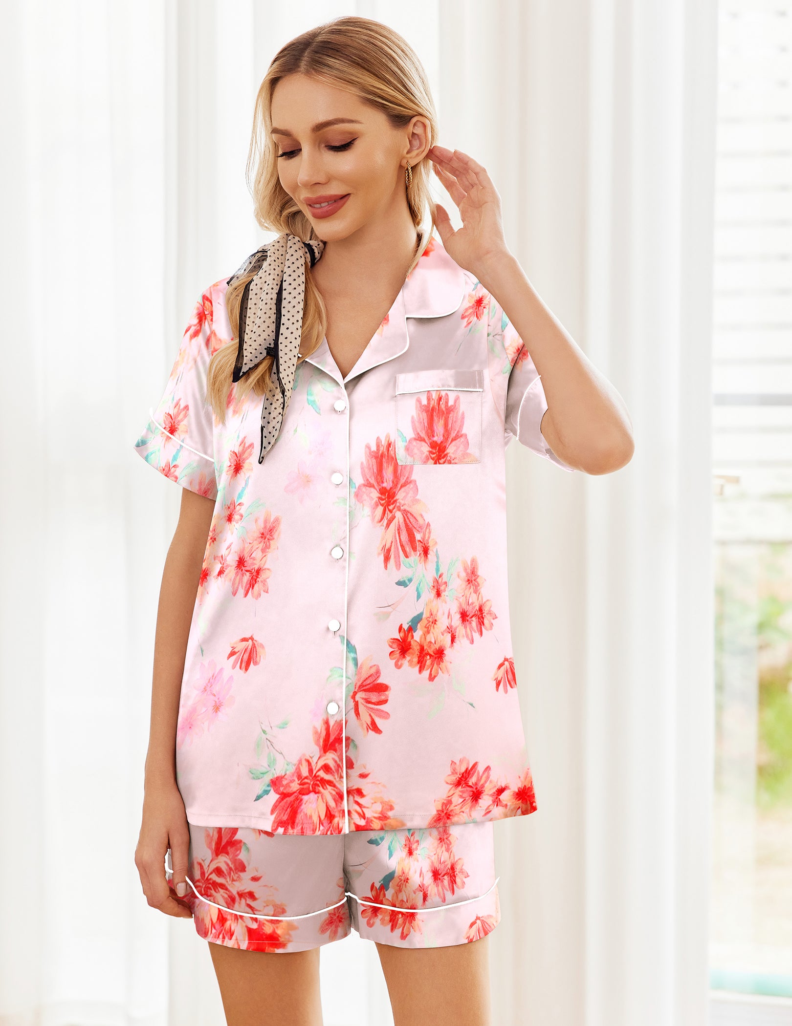 Ekouaer Silk Short Sleeve Pajamas 2 Piece Set