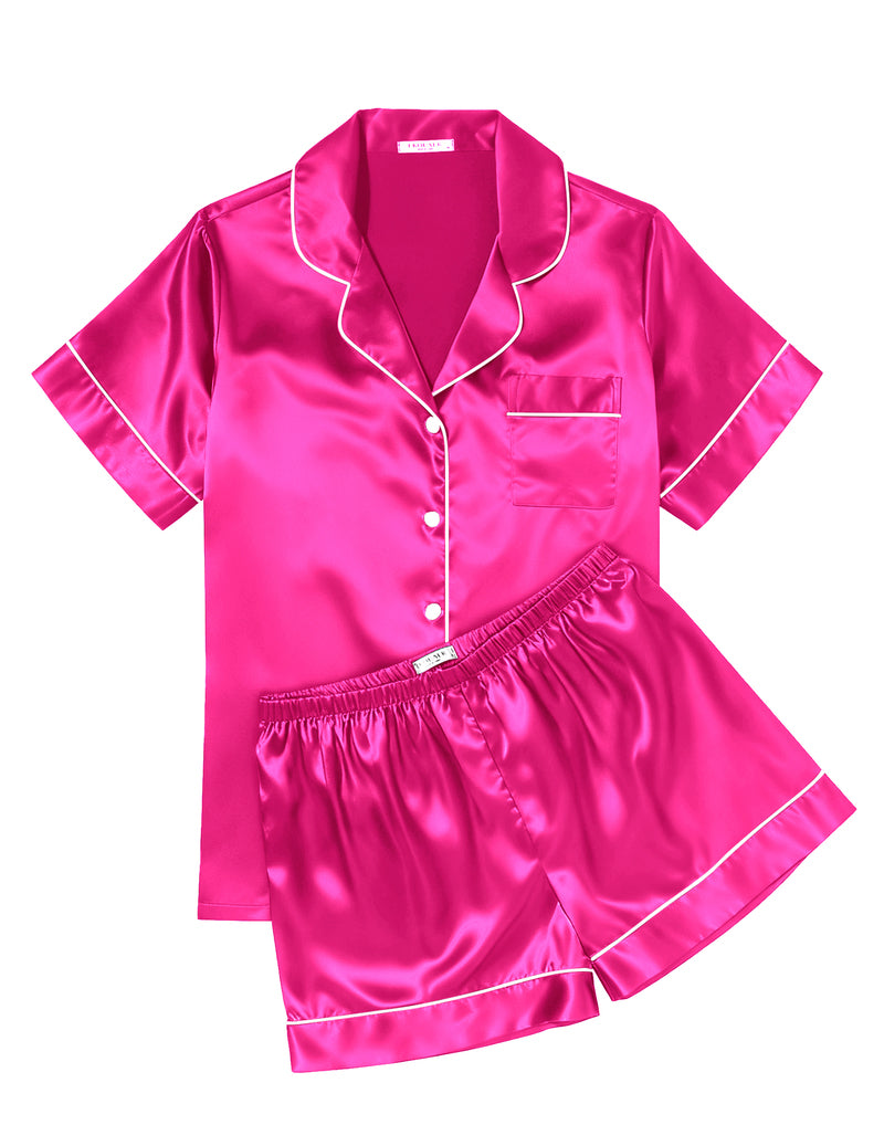 Printed Satin Short Sleeve Notch Collar Button Down Pajama Set