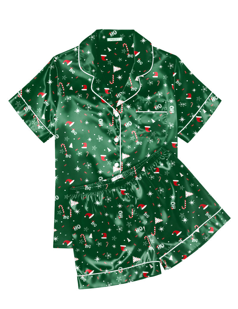 Printed Satin Short Sleeve Notch Collar Button Down Pajama Set
