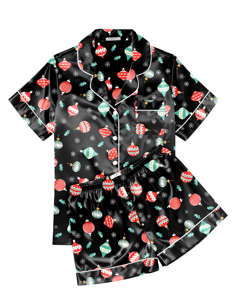 Printed Satin Short Sleeve Notch Collar Button Down Pajama Set