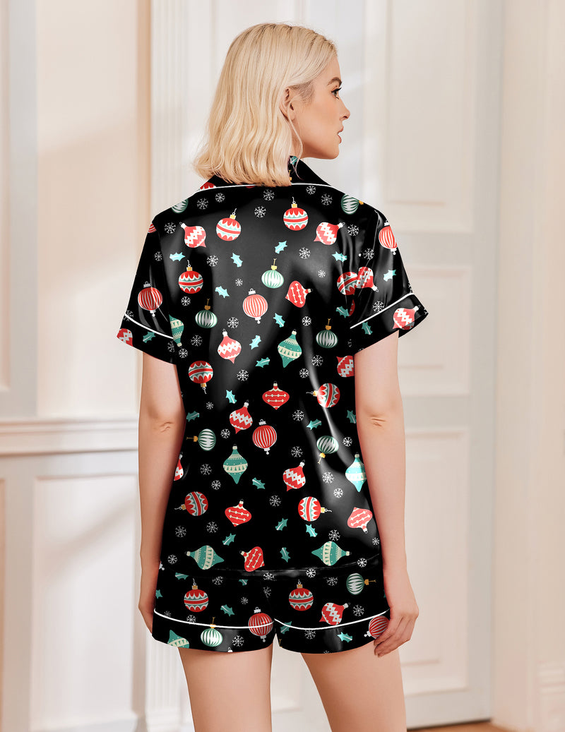Printed Satin Short Sleeve Notch Collar Button Down Pajama Set