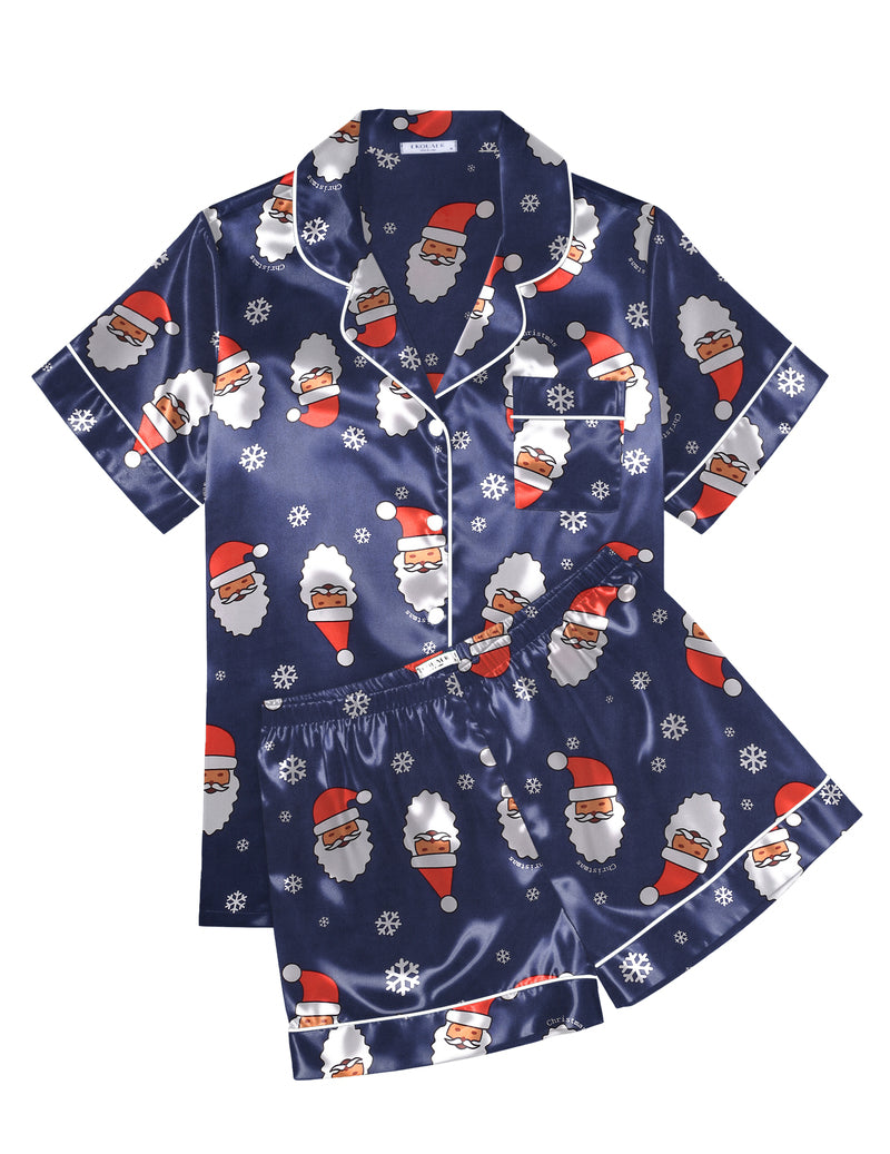 Printed Satin Short Sleeve Notch Collar Button Down Pajama Set