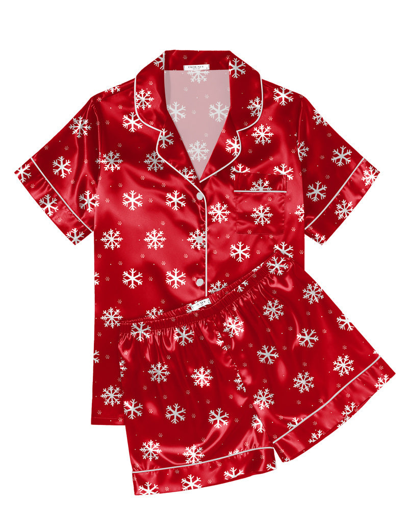 Printed Satin Short Sleeve Notch Collar Button Down Pajama Set